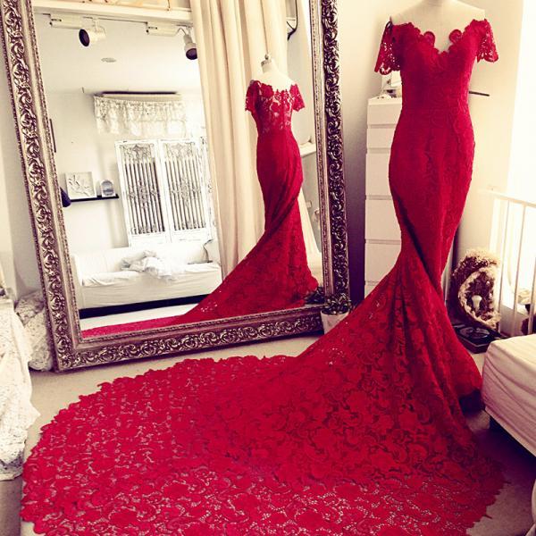 red lace dress with train Mermaid Red Lace Halter Backless Sweep Train Prom Dress US14 / Custom Color