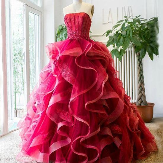 Unique Ruffled Tulle Lace Burgundy Long Prom Dress, Ball Gown Evening Dress