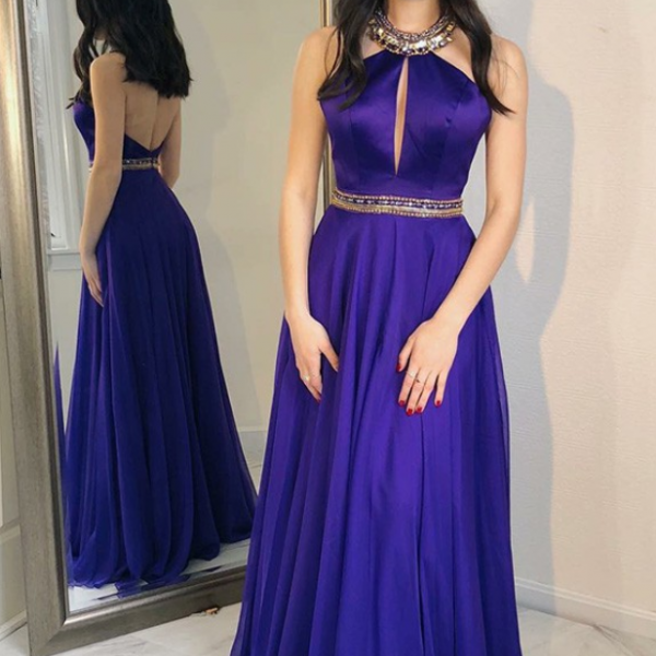 A-Line Halter Sweep Train Purple Chiffon Prom Dress with Beading