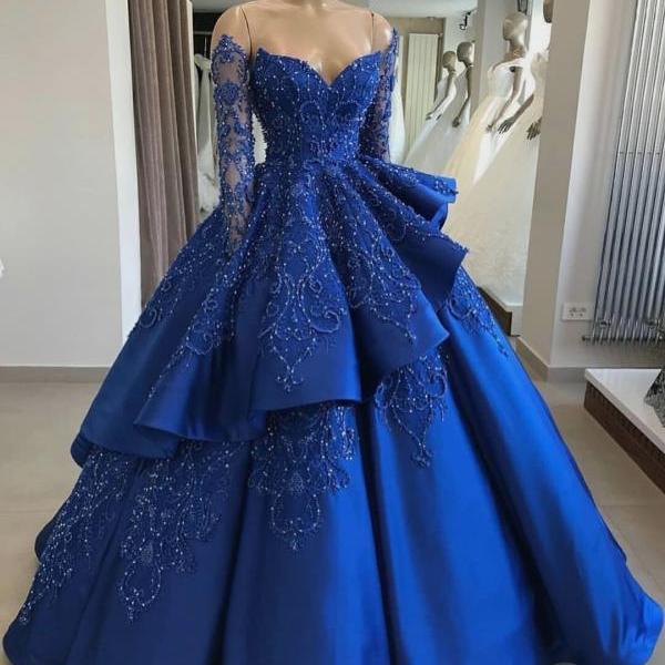 Royal Blue Satin Strapless Long Sleeve Beaded V Neck Prom Dress, Ball ...