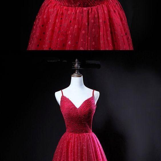Unique red tulle V neck spaghetti long evening dress, party dress