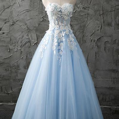 Ball Gown Strapless Sweetheart Light Blue Tulle Long Prom Dress With ...
