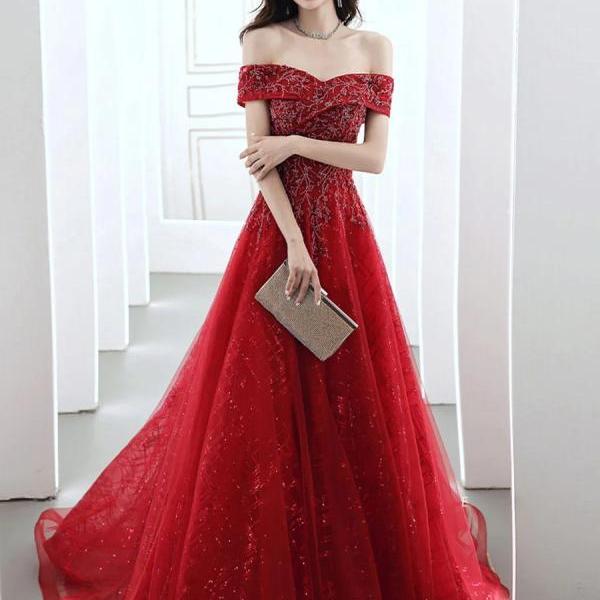 A Line Burgundy Off The Shoulder Tulle Long Lace Up Prom Dresses LBQ3480