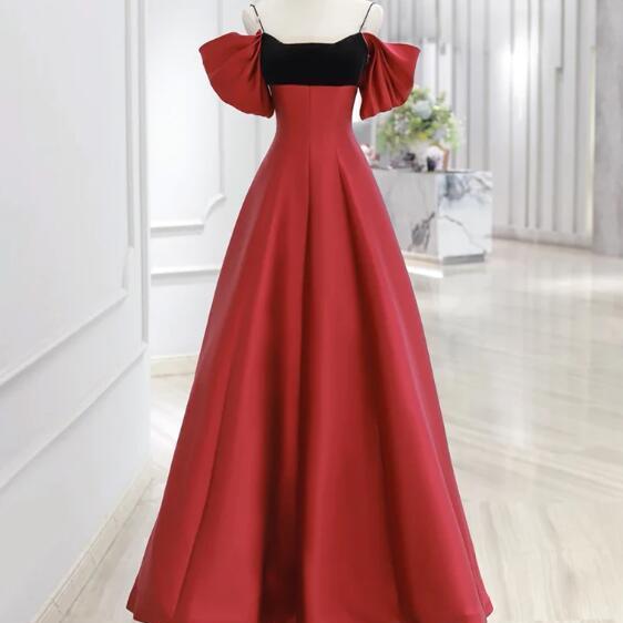 A-Line Off Shoulder Satin Dark Red Long Prom Dress, Red Long Formal Dress