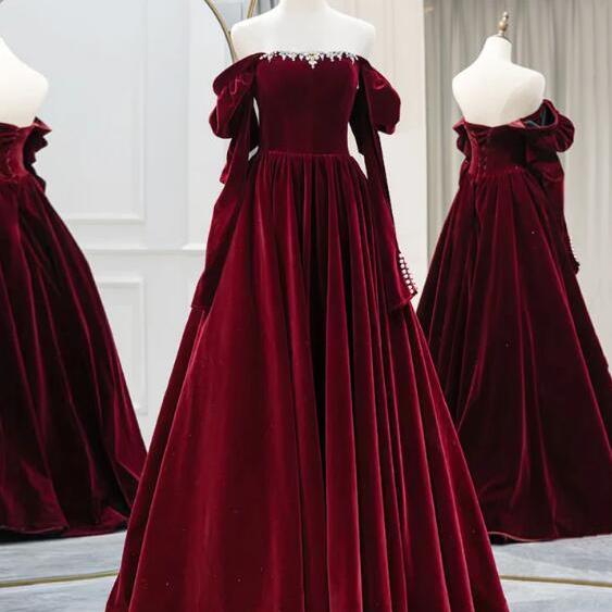 A-Line Long Sleeves Velvet Burgundy Long Prom Dress, Burgundy Long Evening Dress with Beads