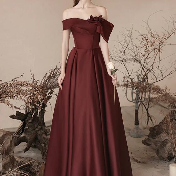 A-Line off Shoulder Satin Dark Burgundy Long Prom Dress, Satin Long Formal Dress
