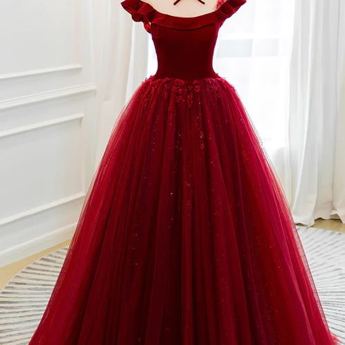 Burgundy Velvet Tulle Floor Length Prom Dress, Lovely Evening Party Dress