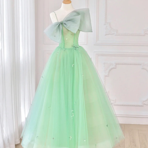 Green Tulle Short Prom Dress, A-Line Evening Dress with Bow