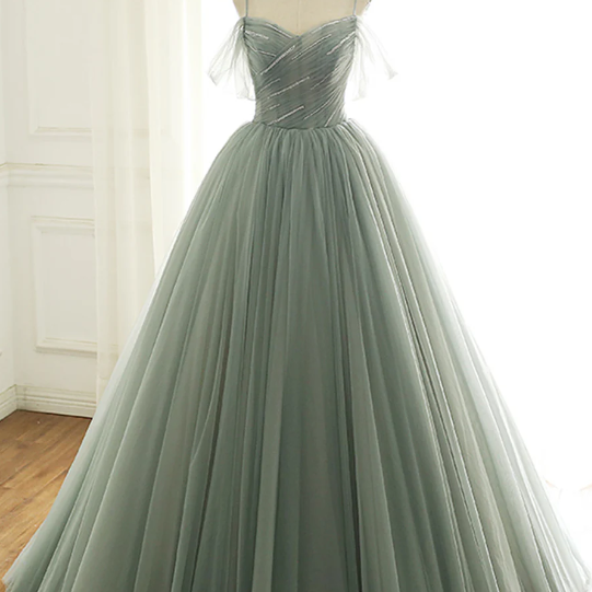 Green Tulle Long Prom Dresses, A-Line Spaghetti Straps Evening Dresses