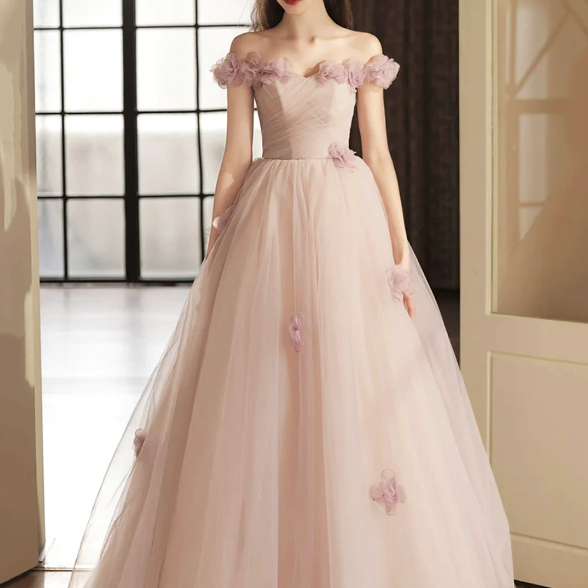 Beautiful Tulle Long Prom Dress with Flowers, A-Line Off the Shoulder Evening Party Dress