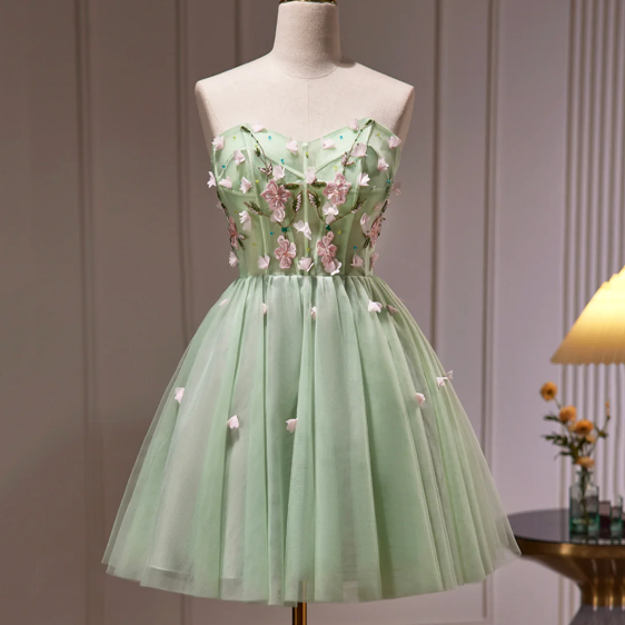 Green Tulle Beaded Party Dress, Green Short Prom Dress with Flowers