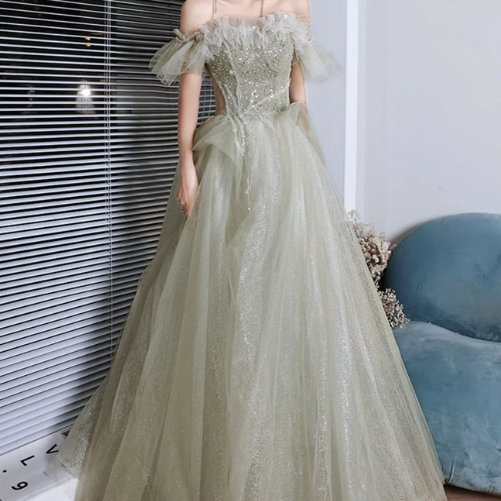 Green Tulle Beaded Long Prom Dress, A-Line Formal Evening Dress