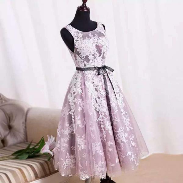 Pink Lace Tea Length Formal Dresses