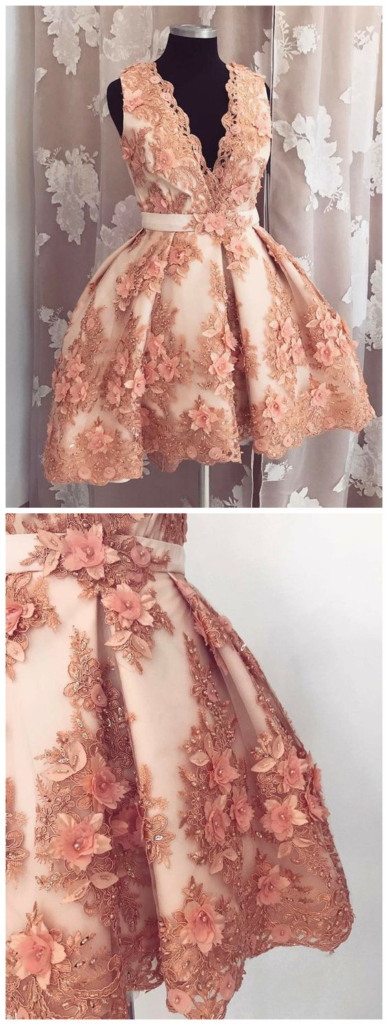 A-Line Rhinestone V Neck Graduation Dress Pearl Pink