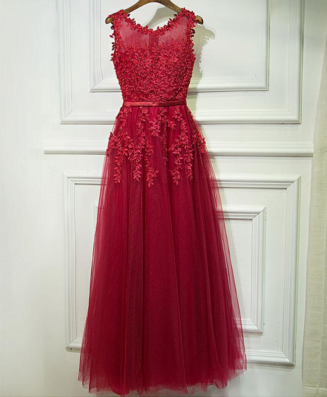 Burgundy tulle lace long prom dress A line evening dress Y1434