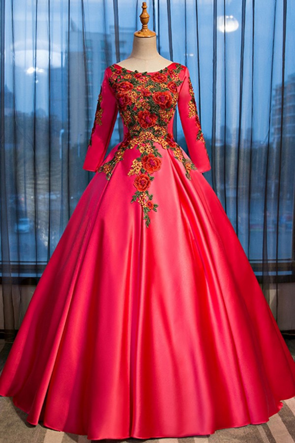 Red hand embroided draped gown main image 1