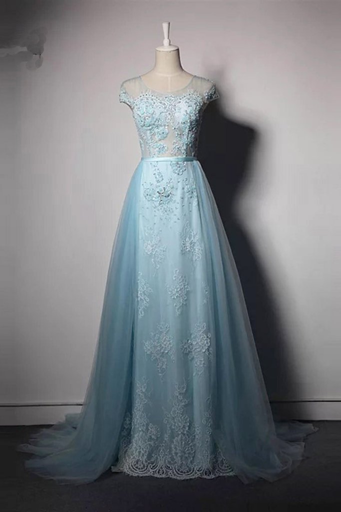 Sky Blue Tulle Long Cap Sleeve Evening Dress With Removable Skirt, Long ...