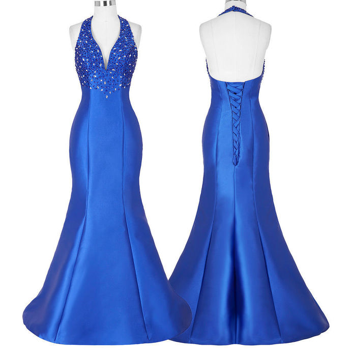 Royal Blue Beaded Satin Gown With Train on Luulla
