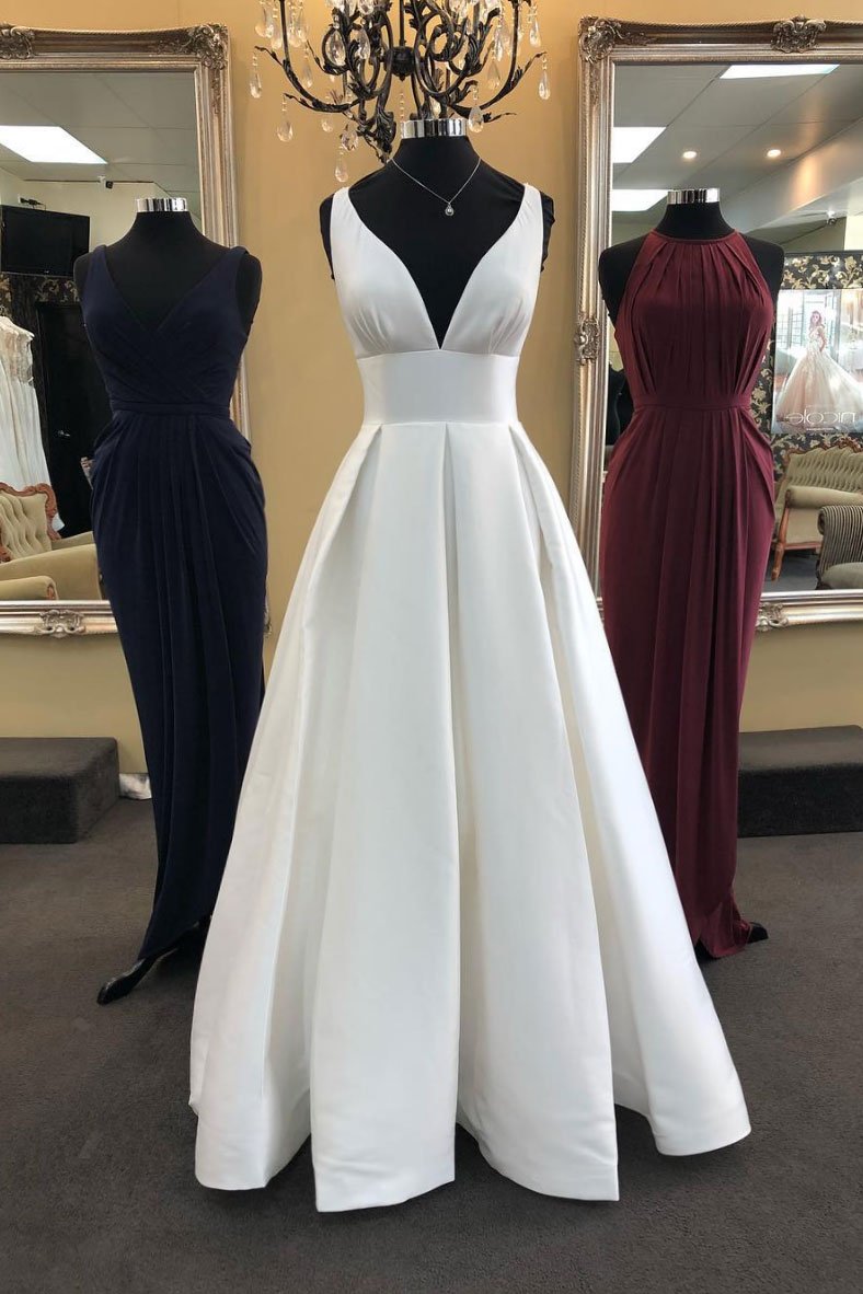 White v neck satin lace long prom dress, Appropriate color matching evening dress main image 1