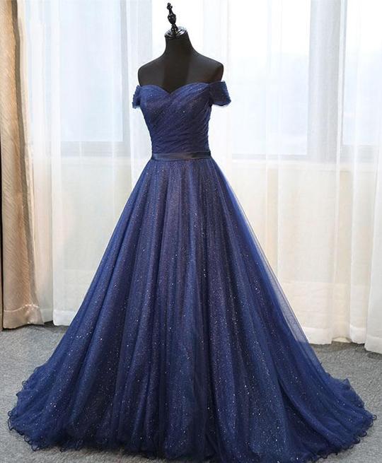 Elegant Dark Blue Tulle Prom Dress, Shining Off Shoulder Evening Dress ...