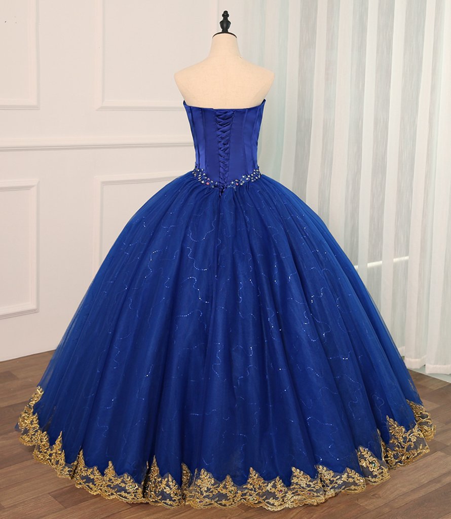 Royal Blue Tulle Strapless Long Beaded Formal Prom Dress, Party Dress ...