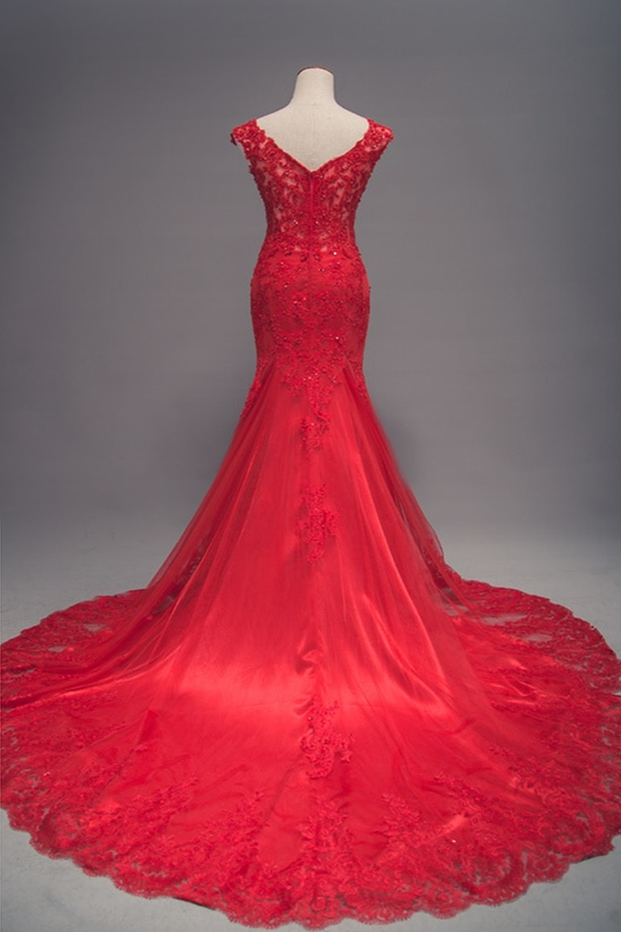 Red Lace Long Train Mermaid Cap Sleeve Evening Dress, Formal Prom Dress ...