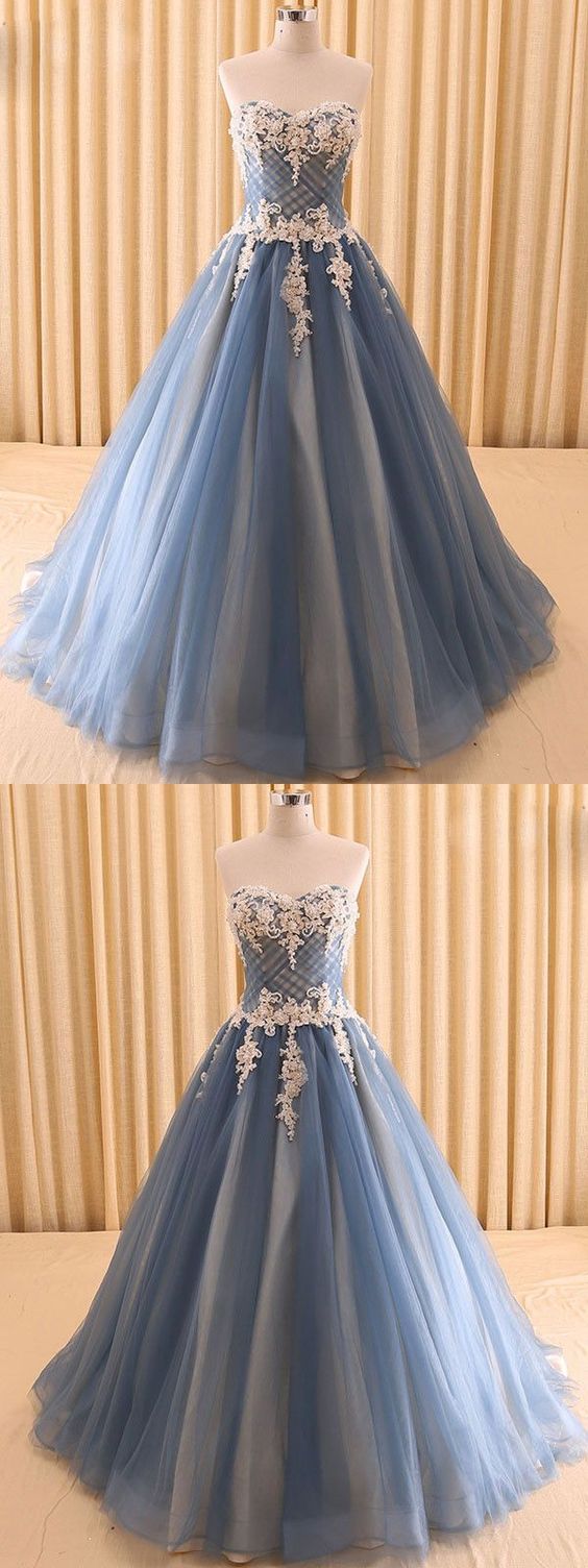 Strapless Blue Tulle Gown With Lace Detailing on Luulla