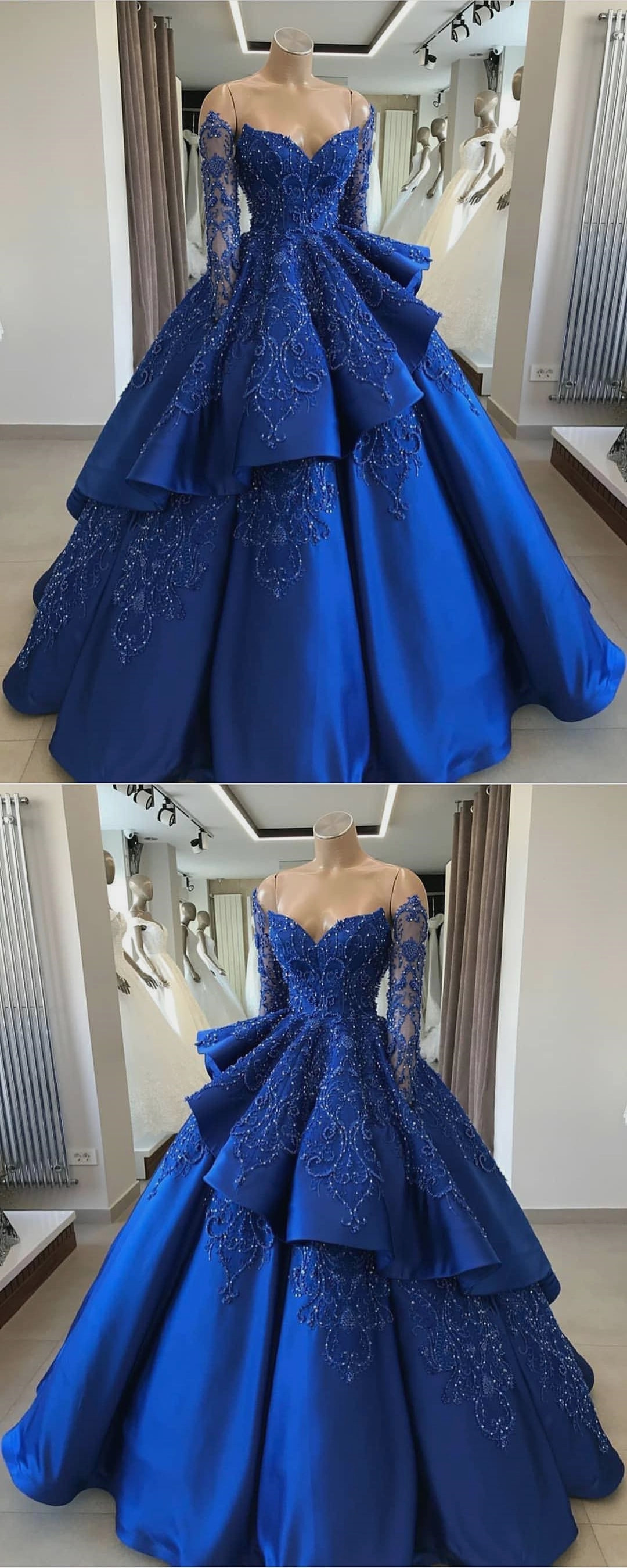 V-Neck Satin Gown with Pleated Off-Shoulder Detail Royal Blue main image 1