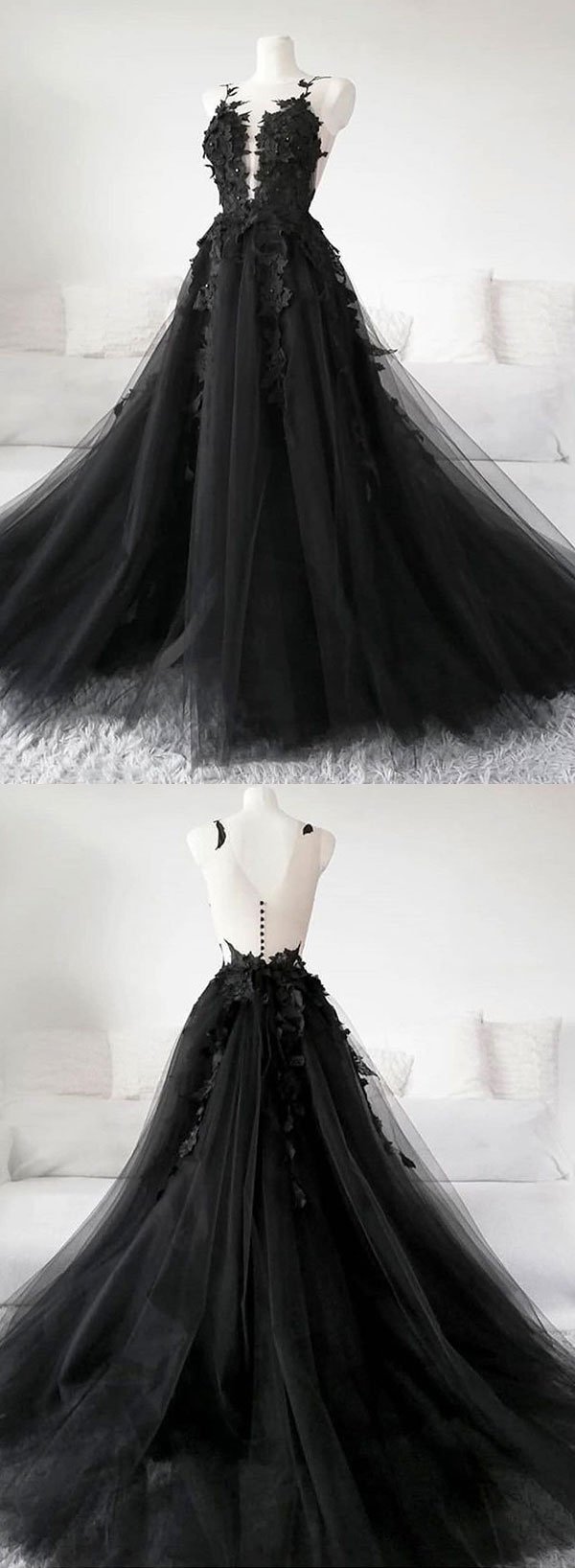 Black Tulle Appliqué Long Prom Dress, Black Evening Dress on Luulla