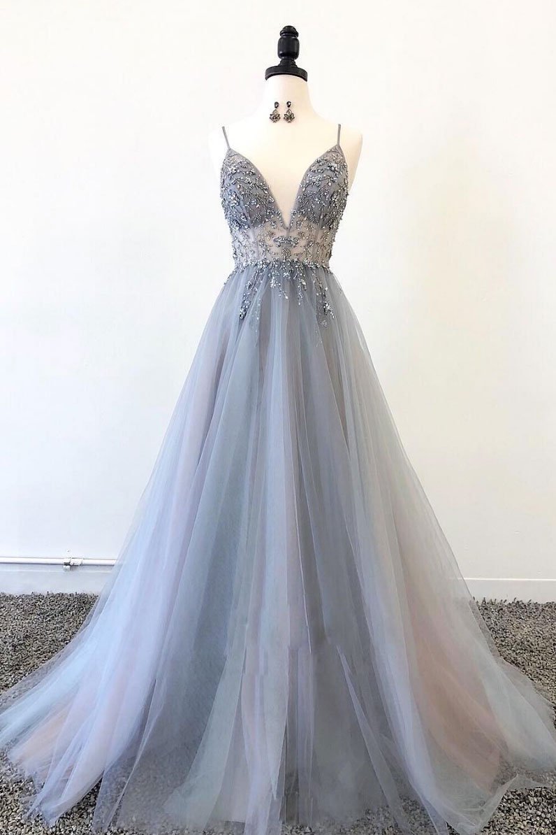 Gray V Neck Tulle Long Prom Dress, Gray Tulle Evening Dress On Luulla