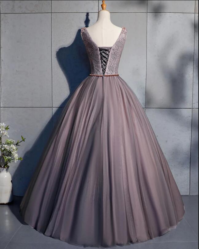 Coffee Tulle Crystal Beaded Long Lace Up Prom Dress, Coffee Evening ...
