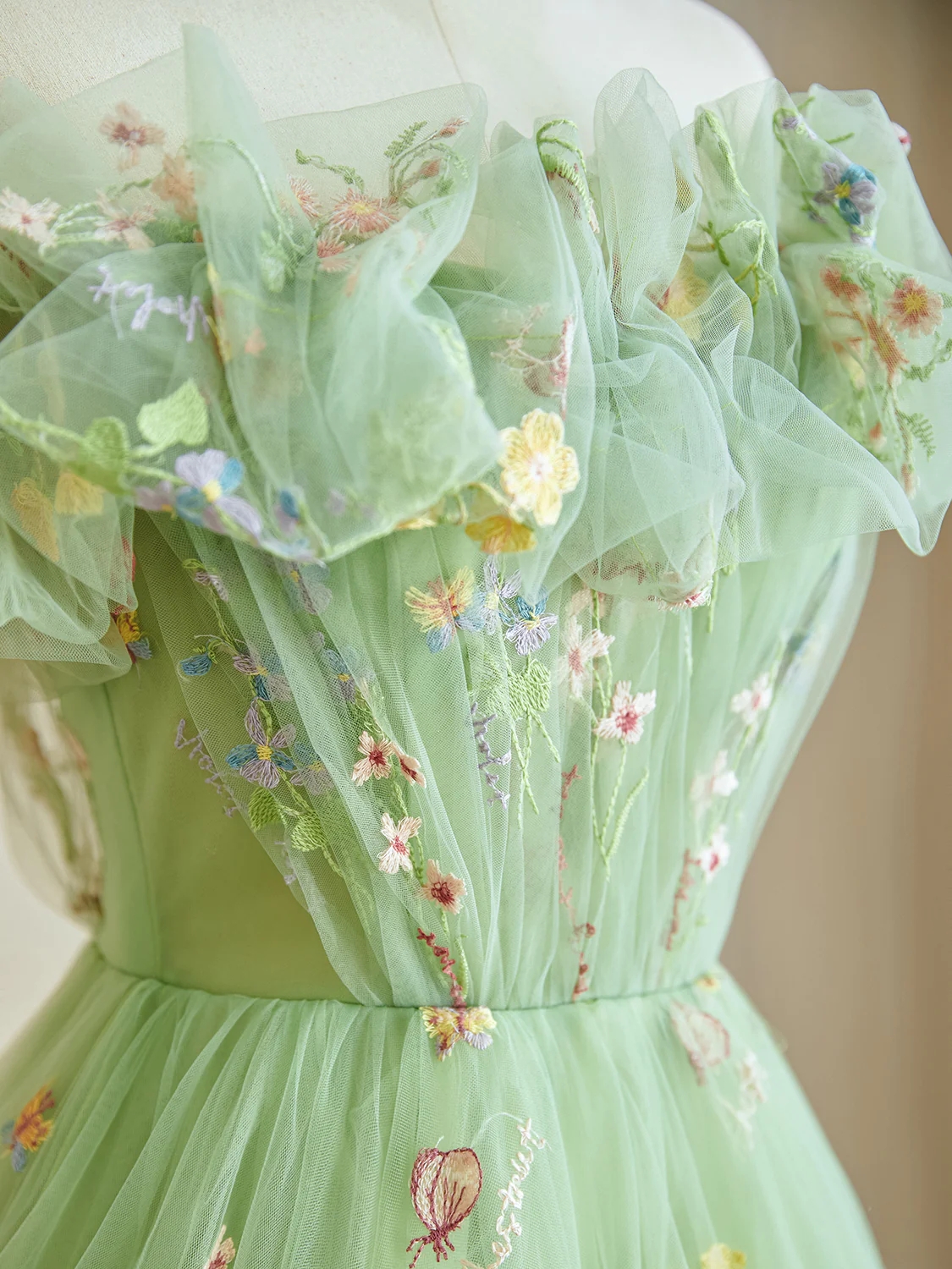 A Line Off Shoulder Tulle Embroidered Lace Green Long Ball Gown Green ...
