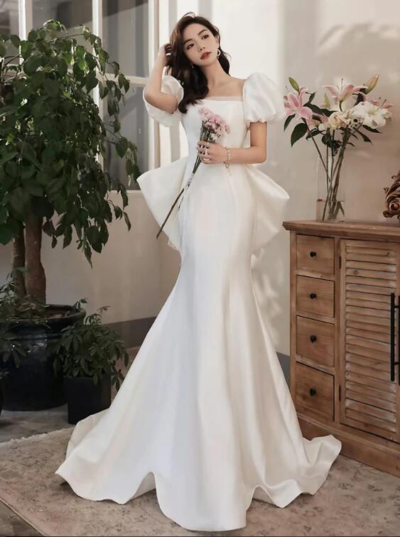 Elegant White Satin Mermaid Long Prom Dress Birthday Party Gown SP284