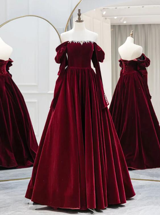 Burgundy velvet long prom dress A line evening dress s53