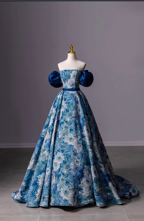 Off-shoulder Floral Gown With Puff Sleeves on Luulla