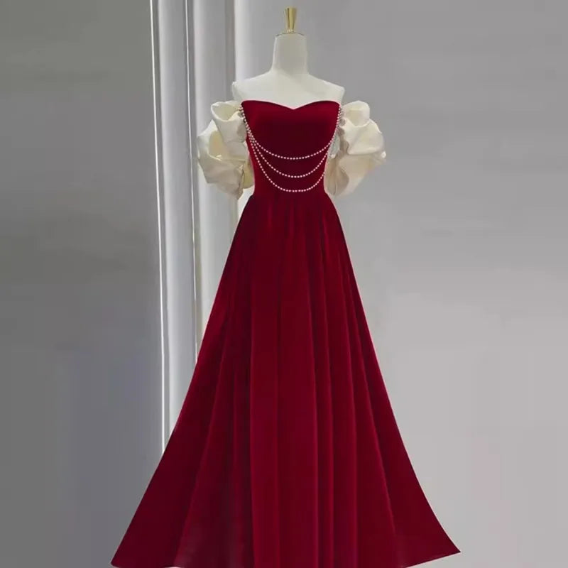 Red Strapless Gown With Pearls And Ruffles on Luulla