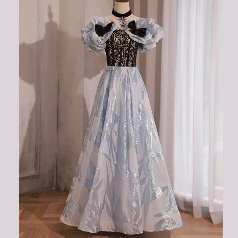Lace Bodice Gown With Sheer Puff Sleeves on Luulla