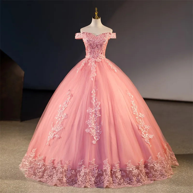 Pink Ball Gown with Lace Appliques