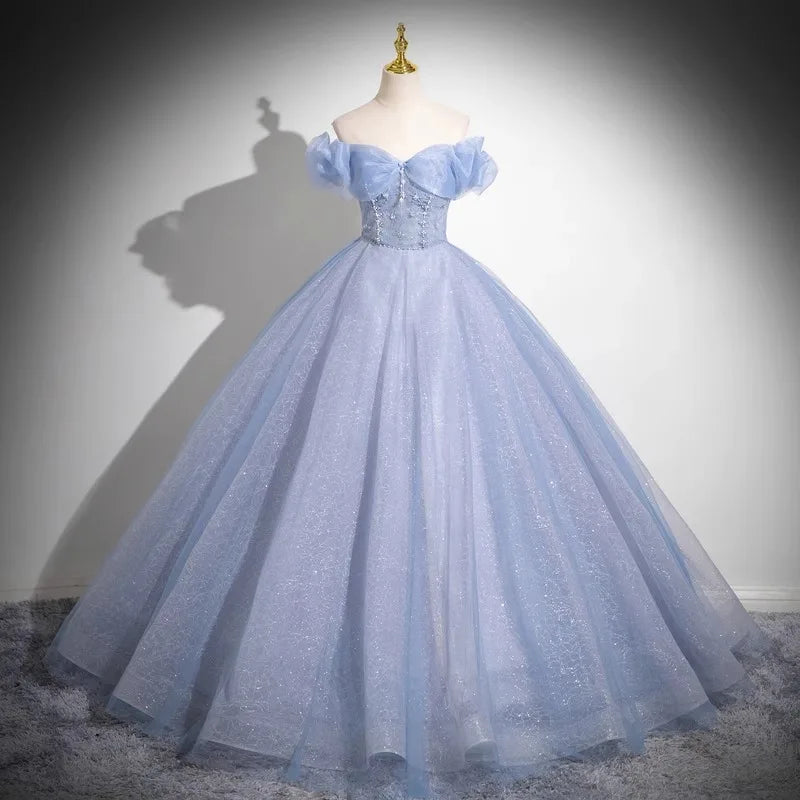 Off-shoulder Blue Tulle Gown With Corset Detail on Luulla