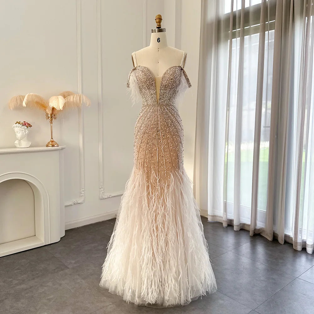 Glamorous Beaded Off-shoulder Feather Gown on Luulla
