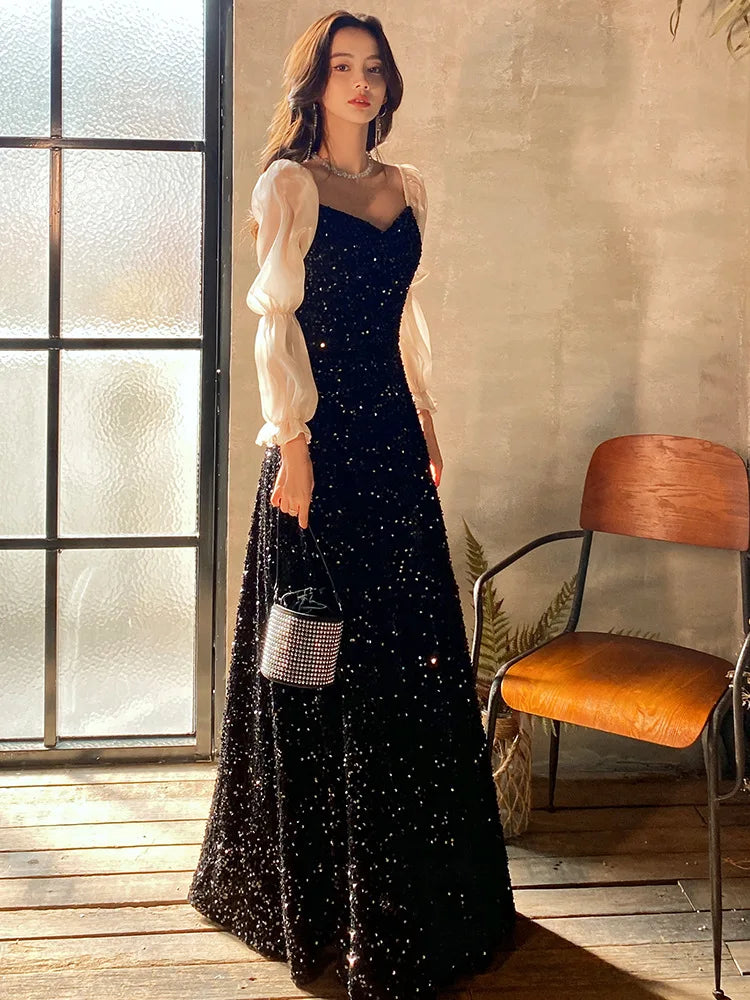 Black Sequin Dress With Sheer Puff Sleeves on Luulla