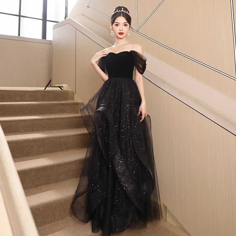 Off Shoulder Draped Gown in Black