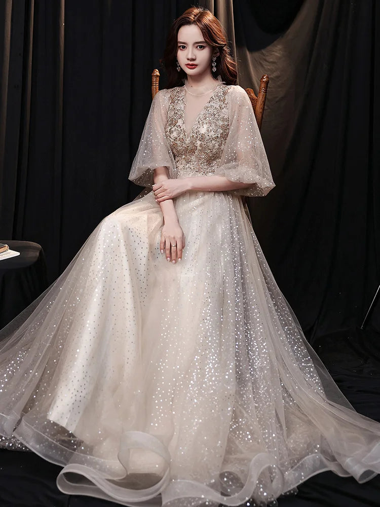Sheer Beaded Lace Choker Gown With Lace-Up Back
