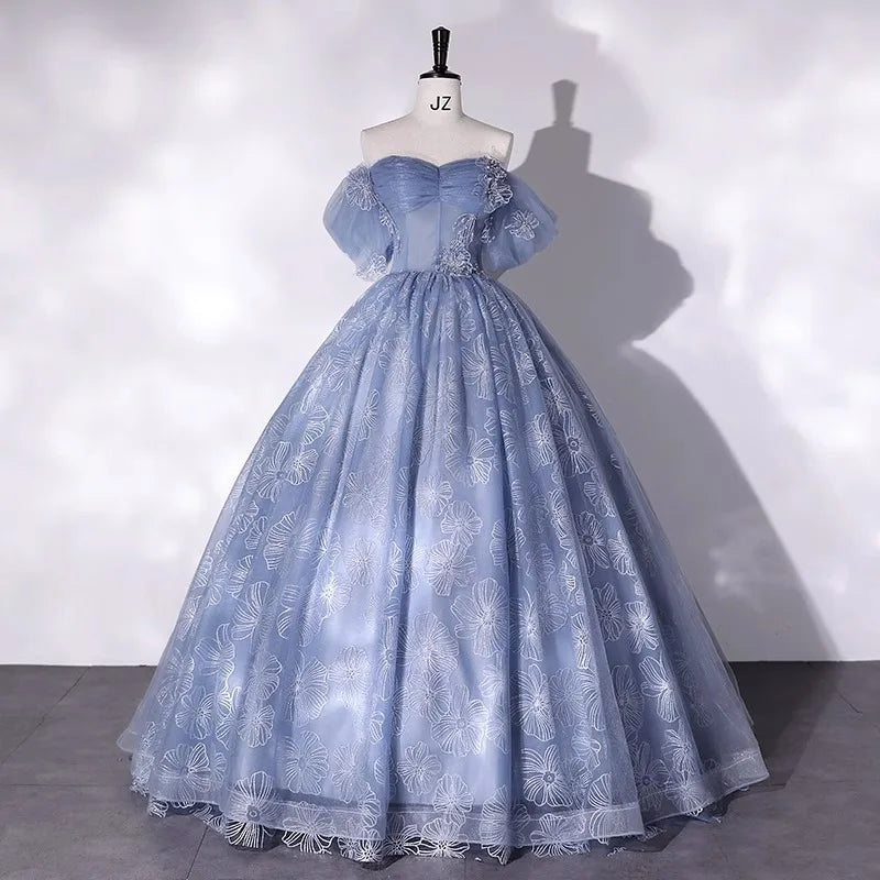 Ball Gown Blue Lace Prom Dress with Lace Up LBQ3708