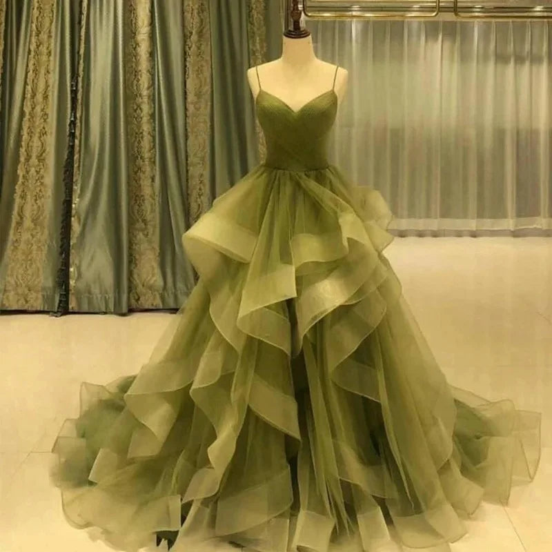 Tulle Pleated Bodice Spaghetti Straps Dresses Green