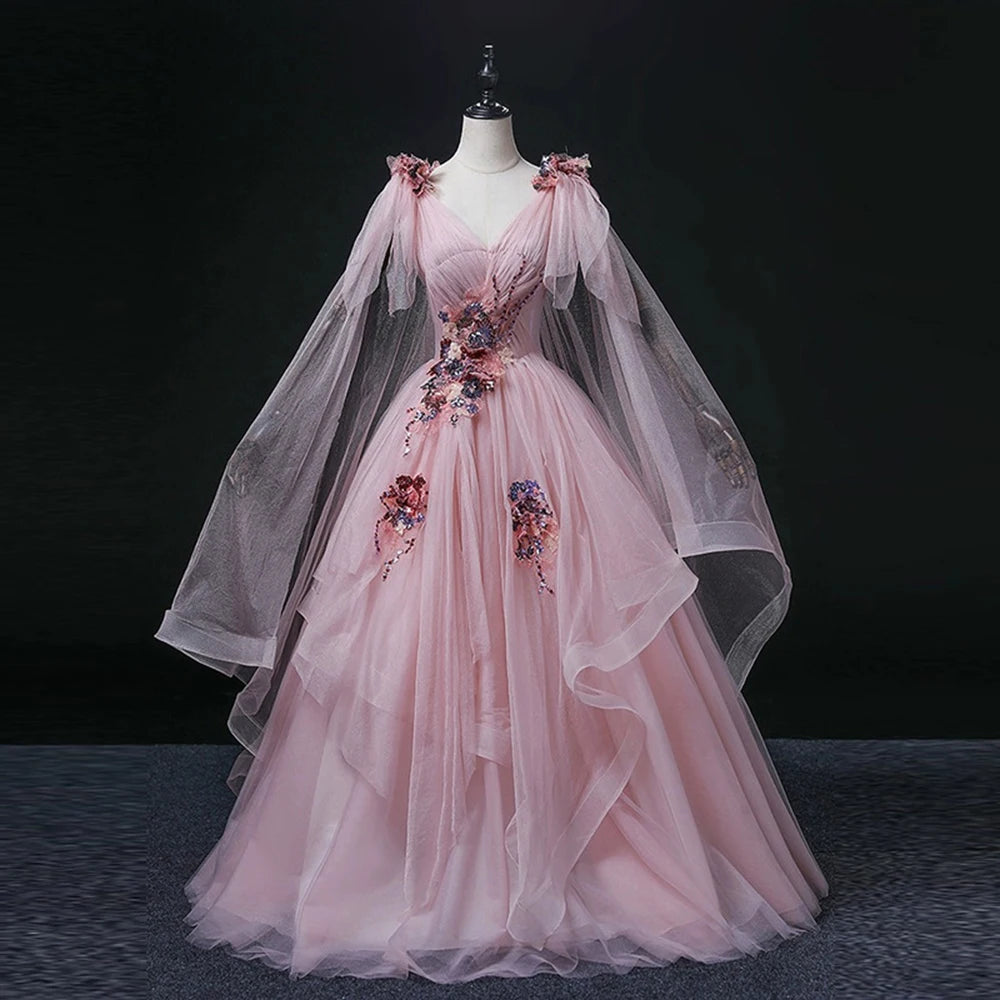Romantic Floral Pink Gown With Sheer Sleeves on Luulla