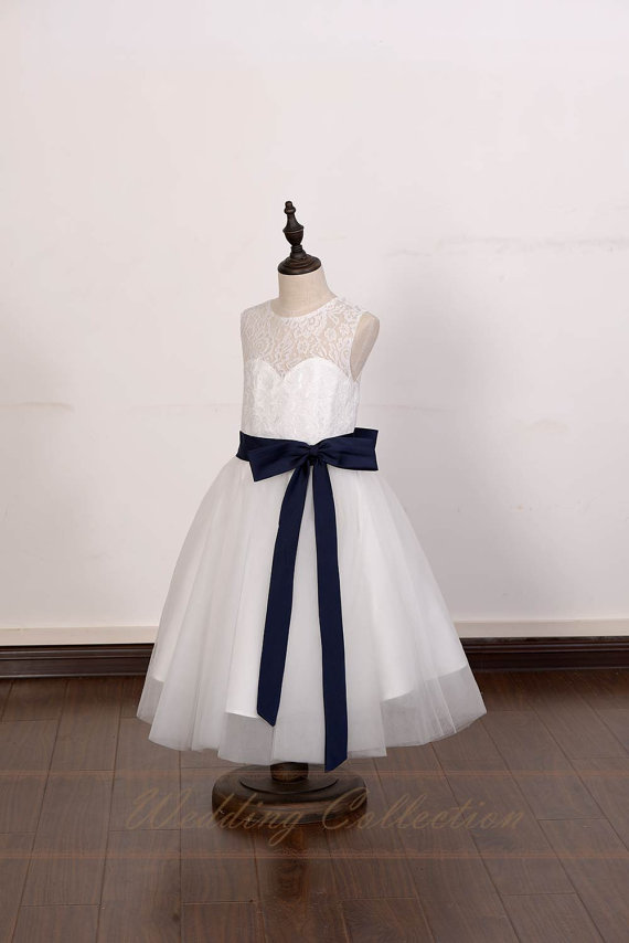 Ivory Lace Tulle Flower Girl Dress With Navy Sash And Bow on Luulla